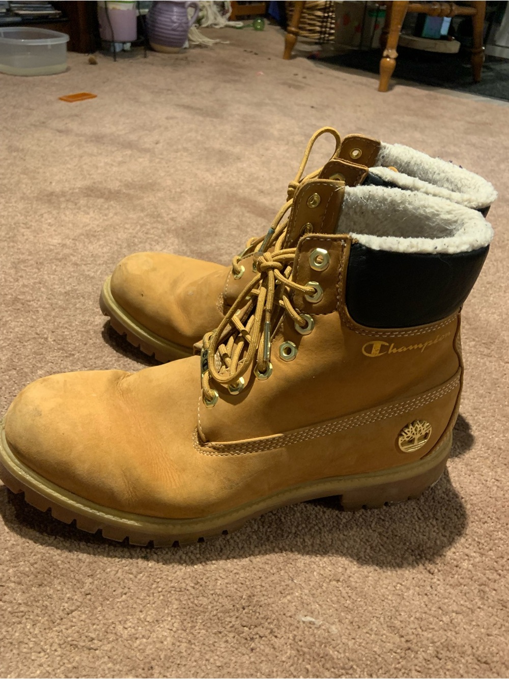 Timberland x Champion Wheat  Lace-Up Boots with Sherpa Collar
